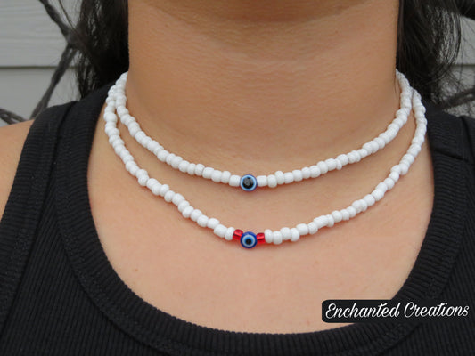 White Beaded Evil Eye Protection Necklace