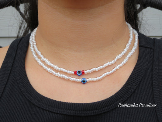 Clear White Beaded Evil Eye Protection Necklace