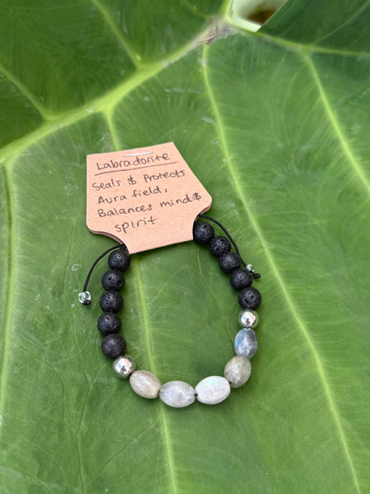 Labradorite and Lava Stone Crystal Adjustable Bracelet