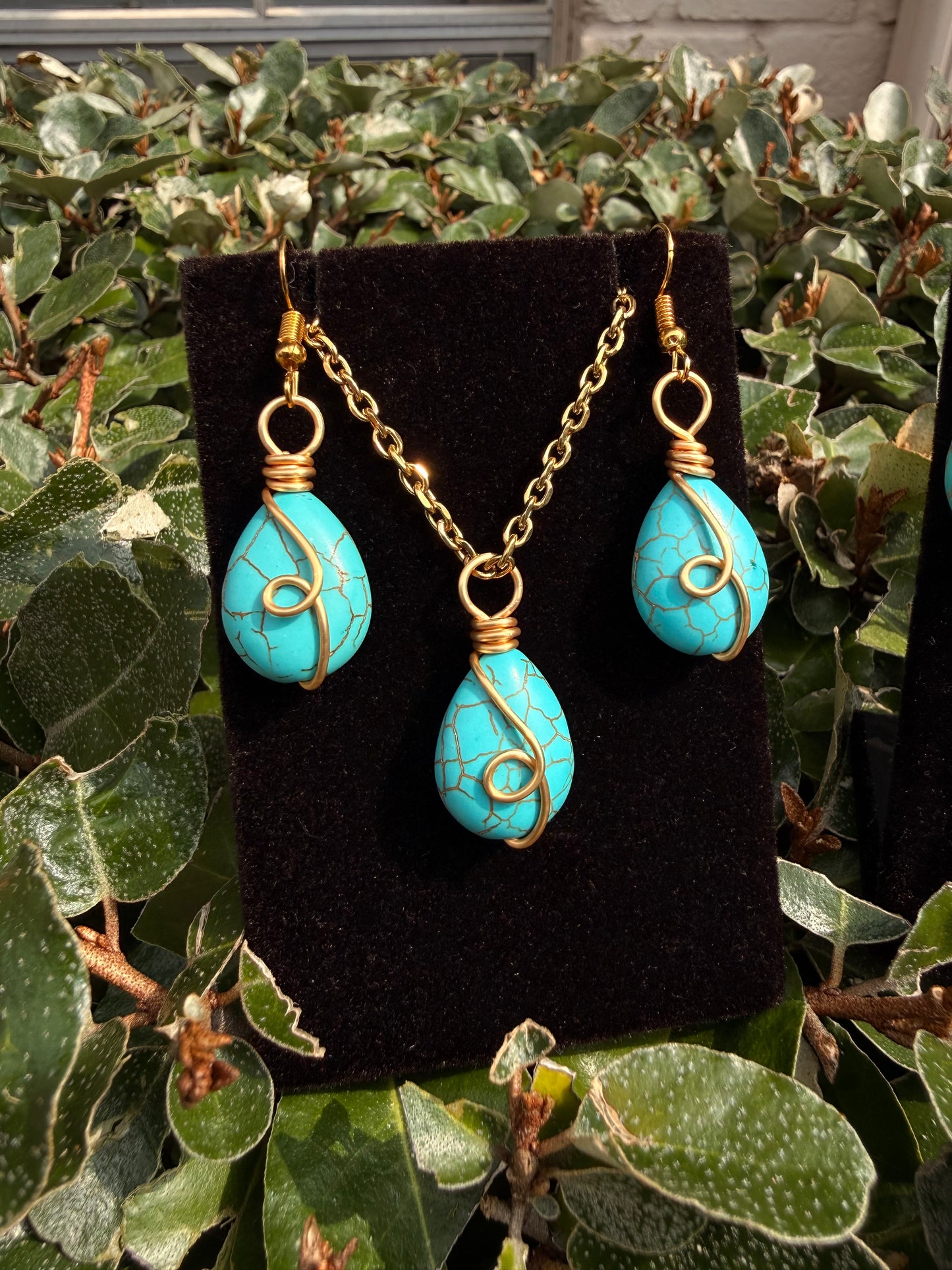 Wire Wrapped Blue Magnesite Necklace and Earrings
