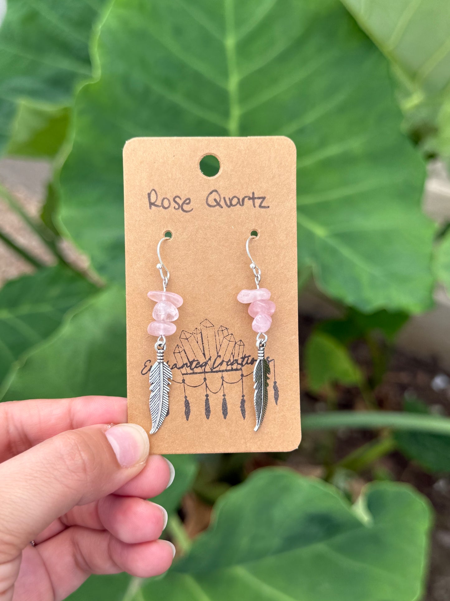 Rose Quartz Crystal with Feather Charm Dangle Earrings