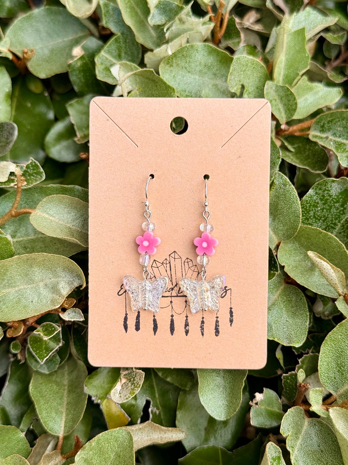 Iridescent Butterfly and flower Dangle Earrings
