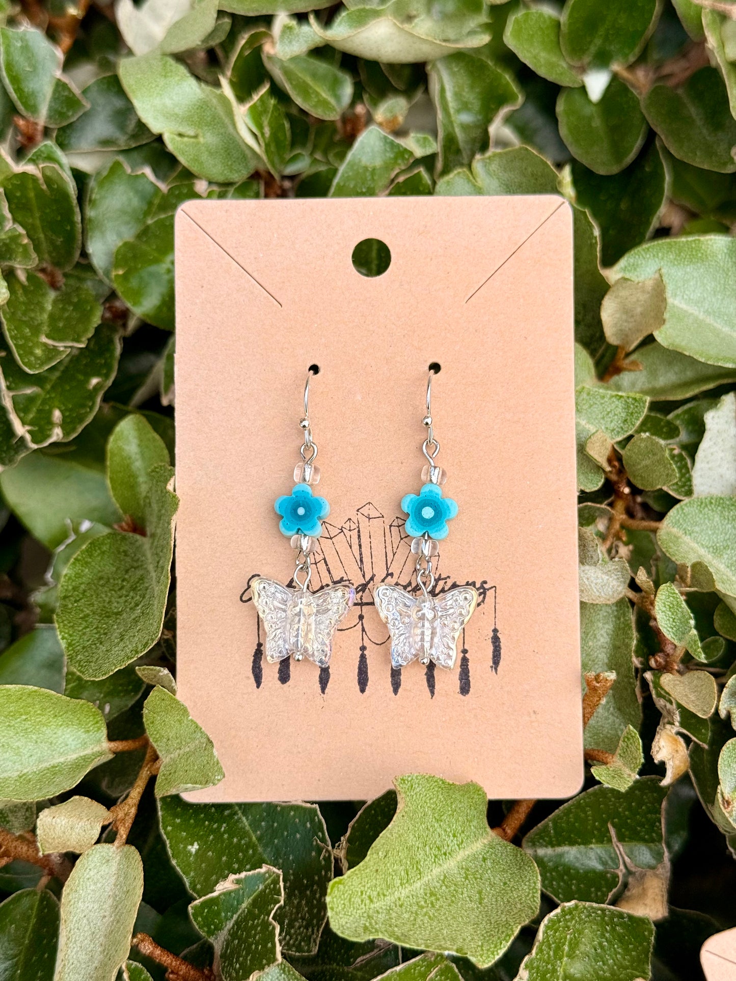 Iridescent Butterfly and flower Dangle Earrings