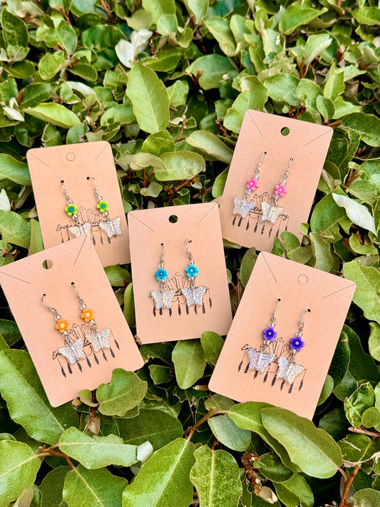 Iridescent Butterfly and flower Dangle Earrings