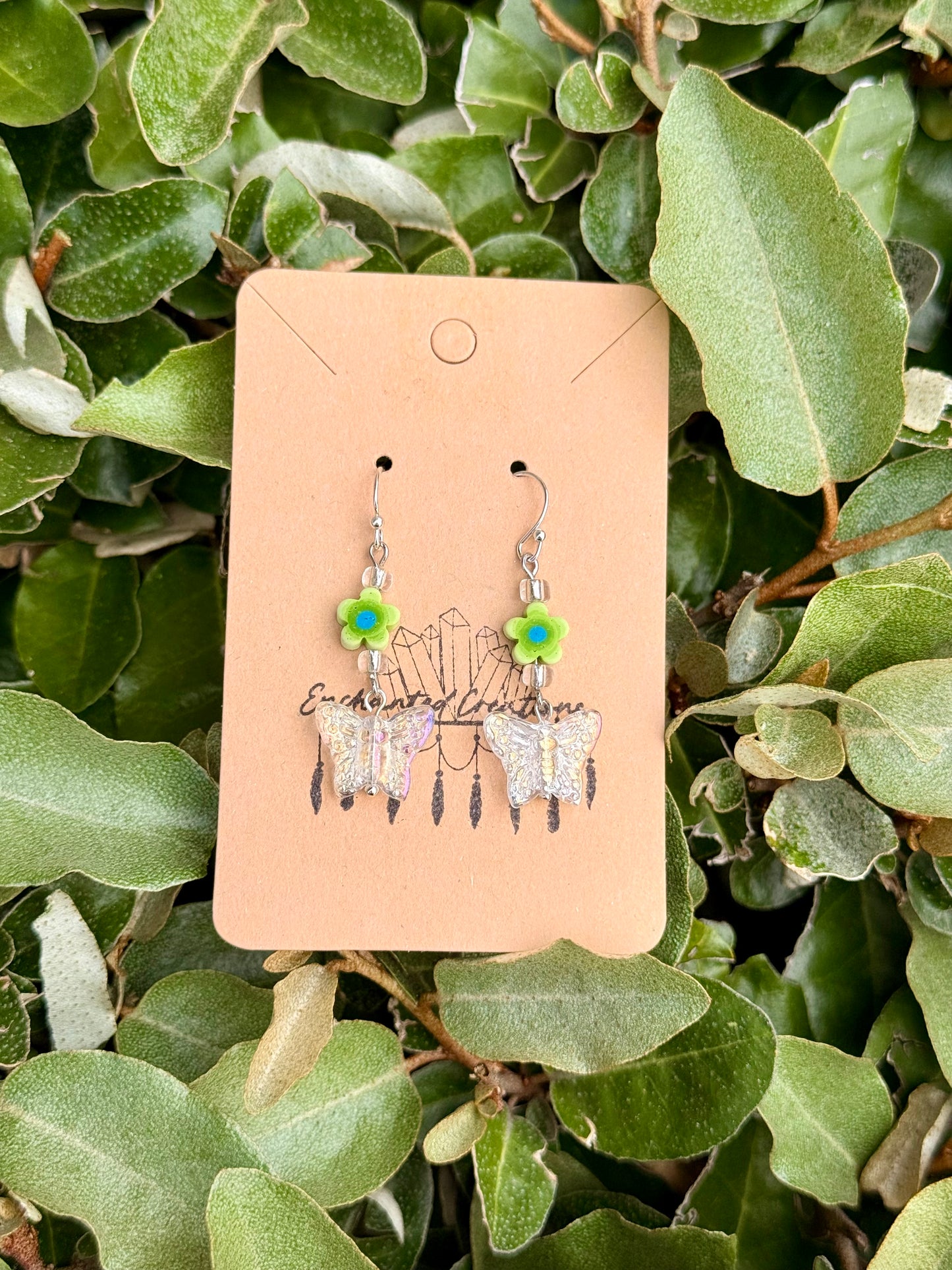 Iridescent Butterfly and flower Dangle Earrings