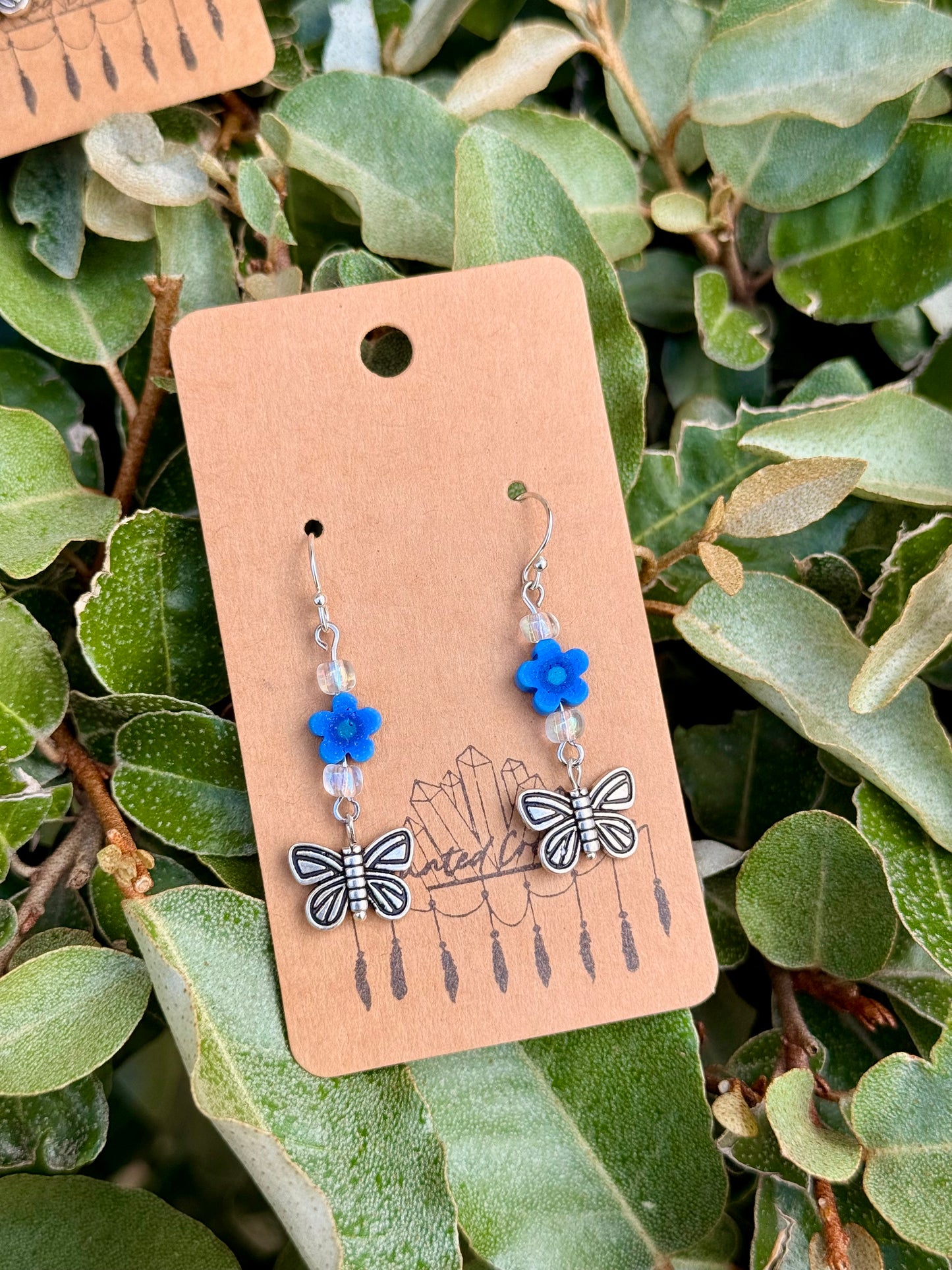Silver Butterfly and Flower Dangle Earrings