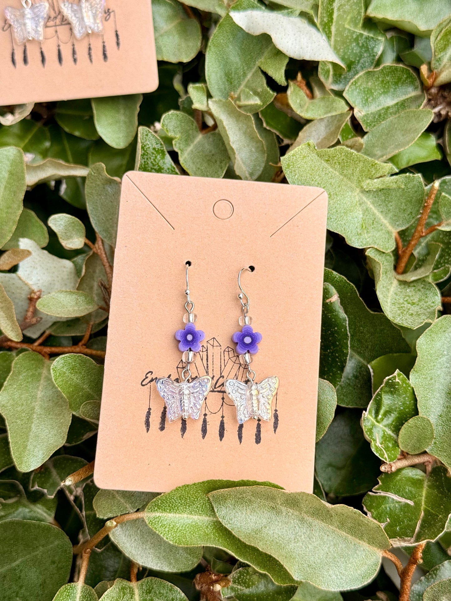 Iridescent Butterfly and flower Dangle Earrings