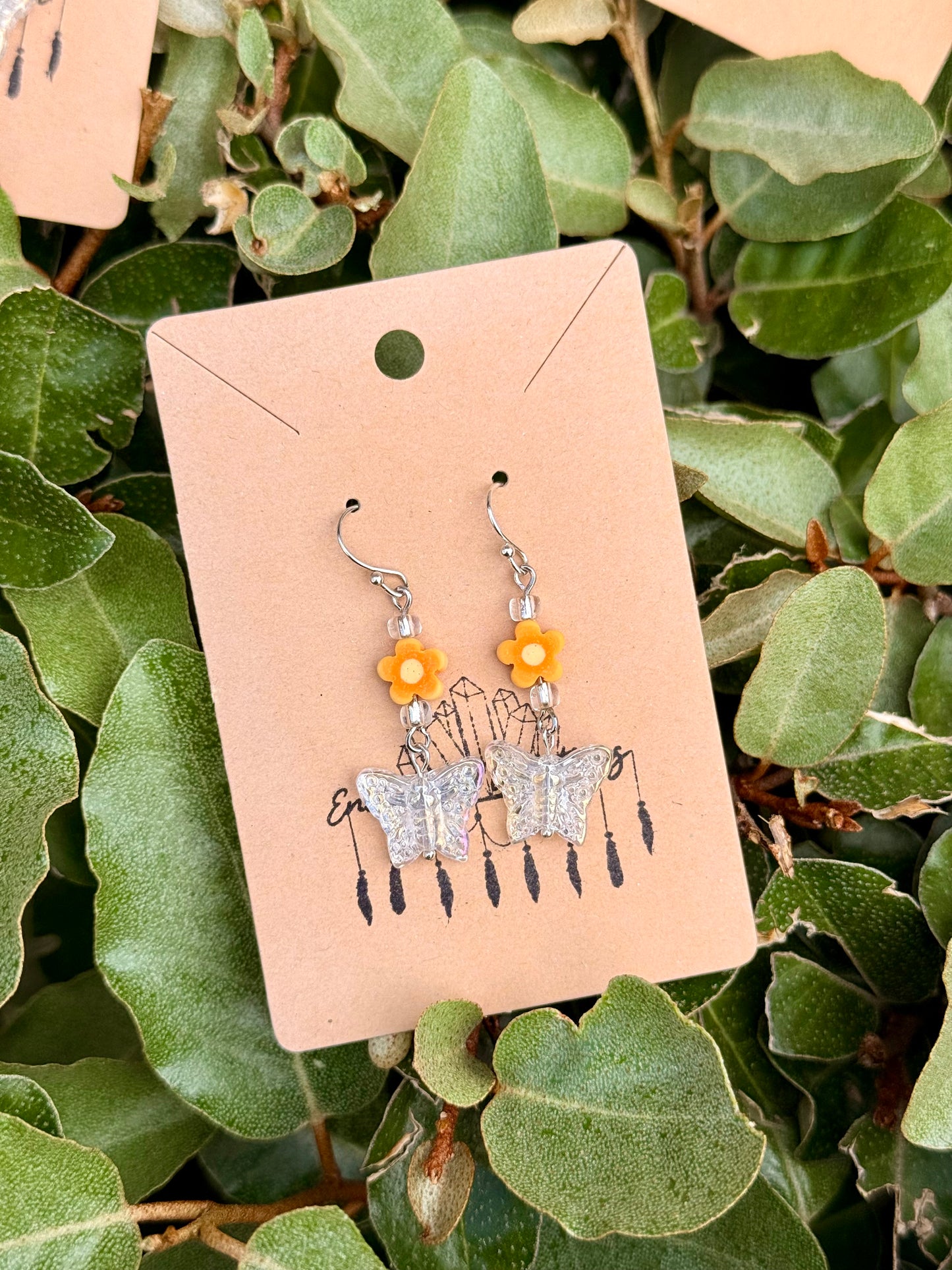 Iridescent Butterfly and flower Dangle Earrings