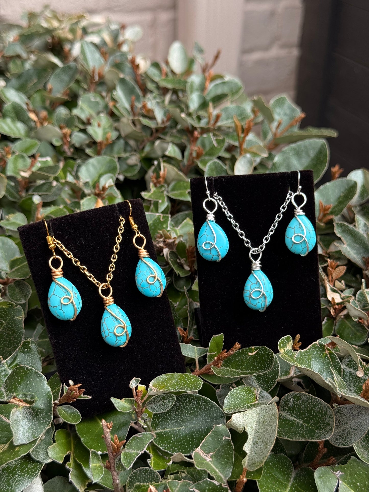 Wire Wrapped Blue Magnesite Necklace and Earrings