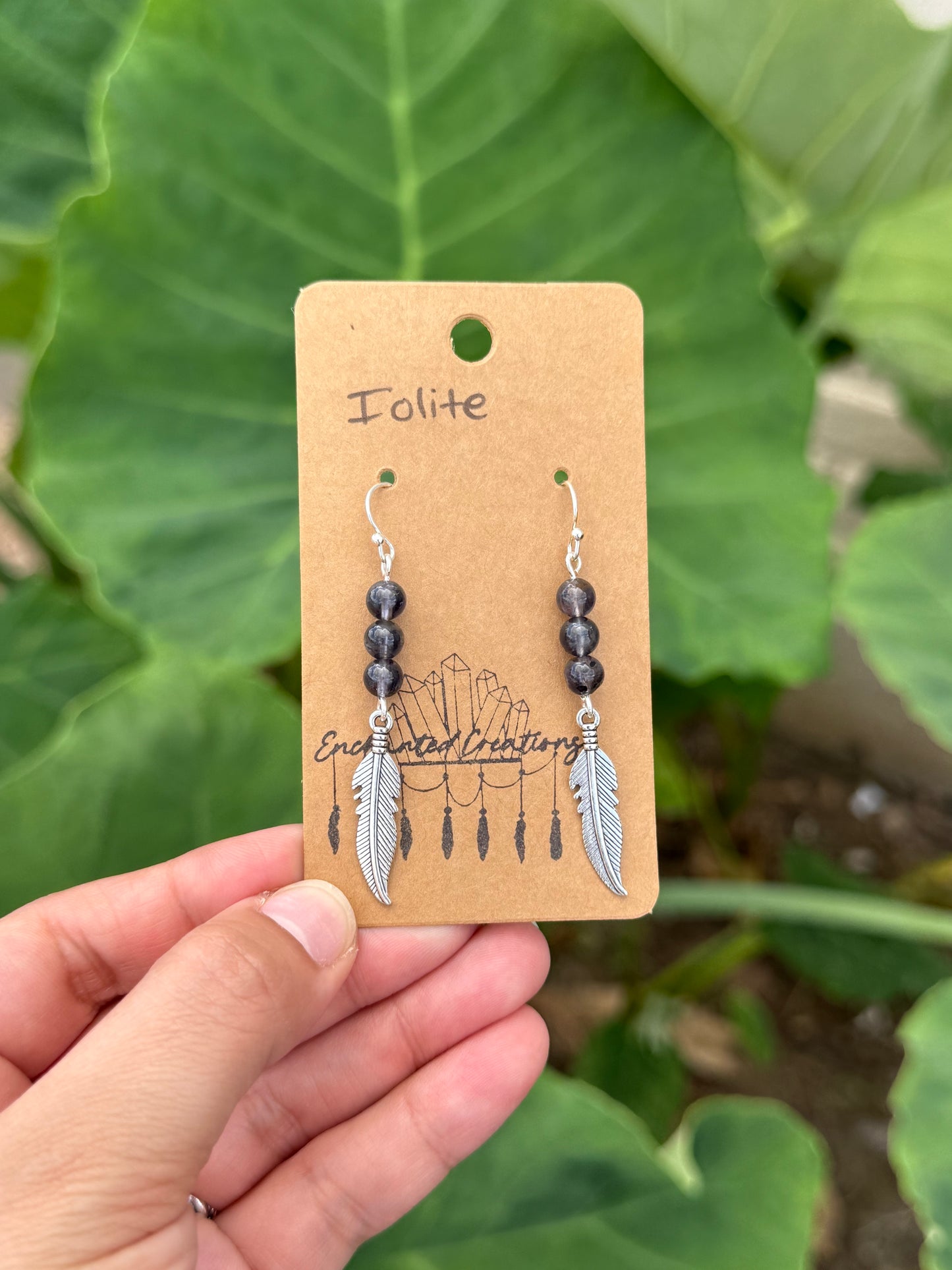 Iolite Crystal with Feather Charm Dangle Earrings