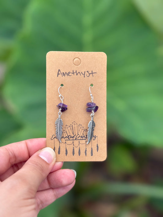 Amethyst Crystal with Feather Charm Dangle Earrings