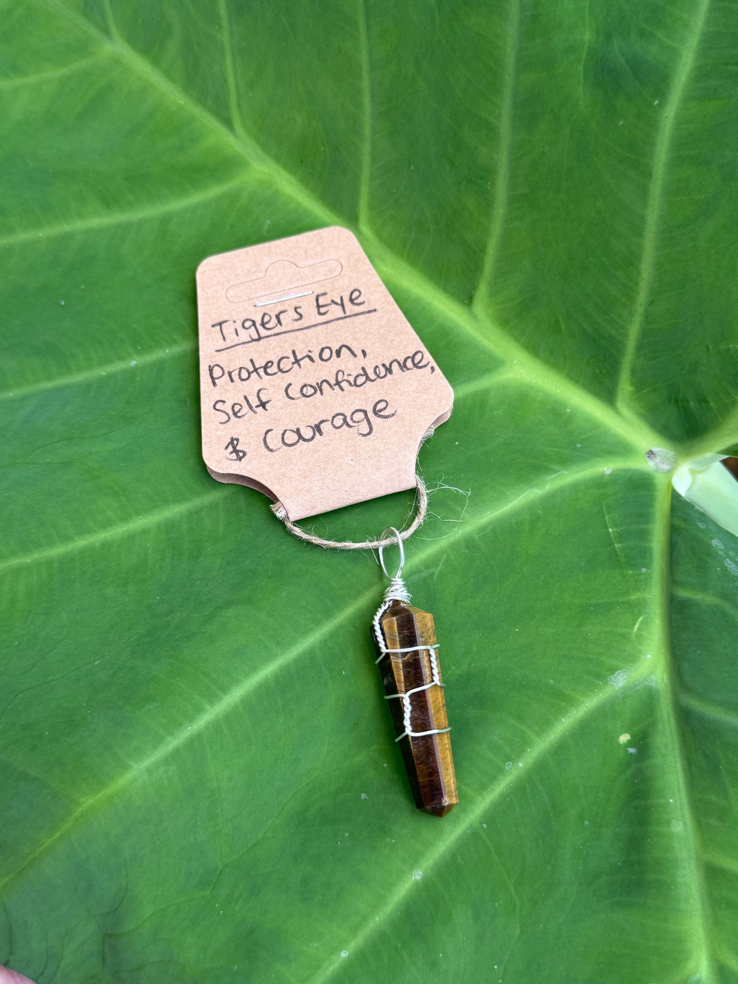 Wire Wrapped Tigers Eye Point Crystal Pendant & Necklace