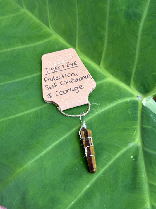 Wire Wrapped Tigers Eye Point Crystal Pendant & Necklace